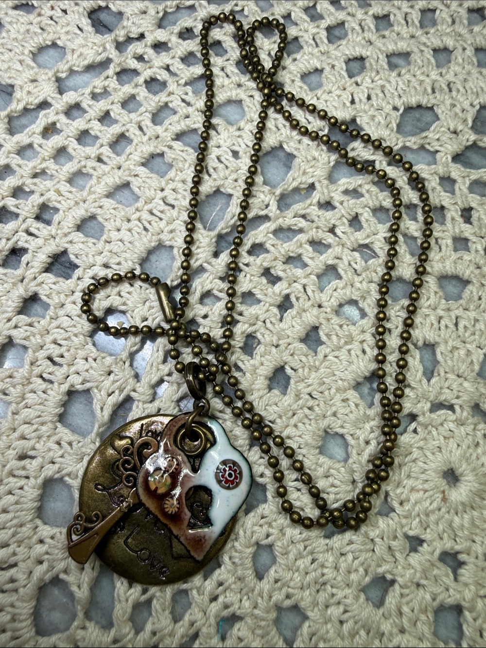 Heart Pendant Layered 26” Necklace in Antique Brass and White Enamel